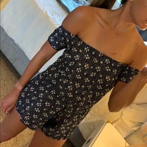 Blue + White Off The Shoulder Romper